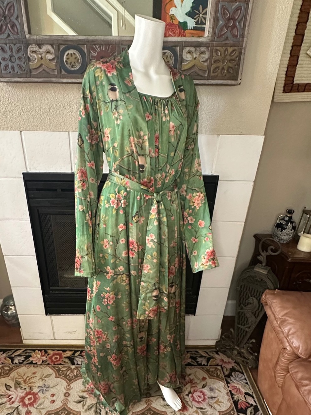 3X Satin wrap robe nightgown set bird cherry blossom print green Sarafina Dreams
